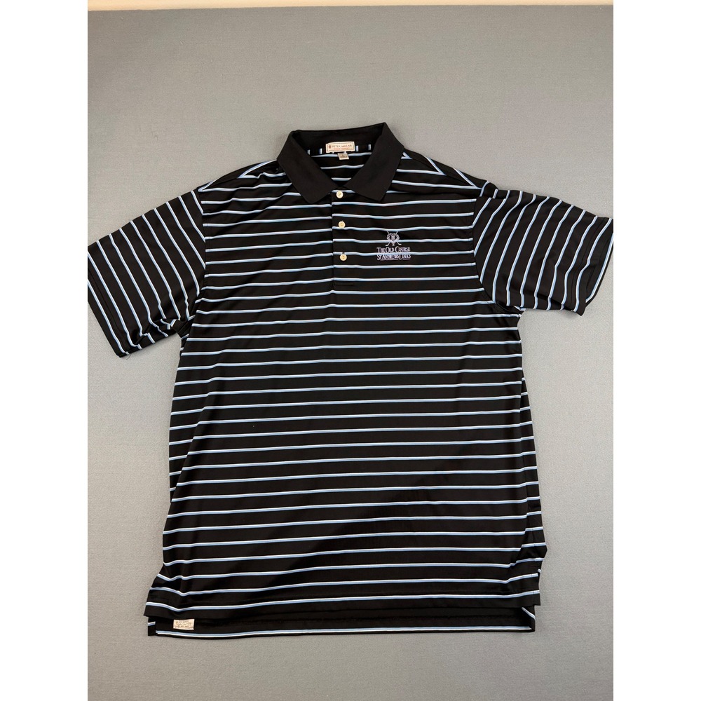 Peter Millar Polo Shirt Mens L Black & Blue Striped St Andrews Old Course Golf